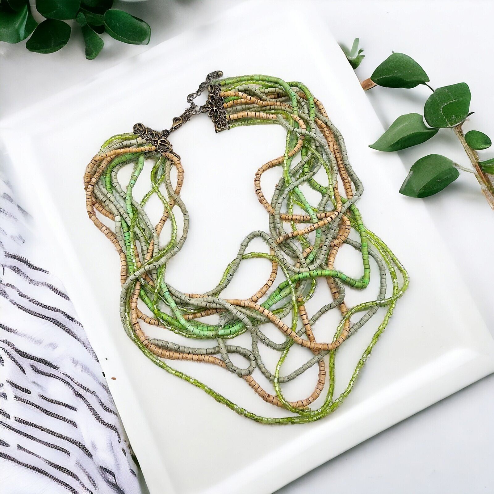 Bohemian Necklace Multi Strand Shades Of Bamboo Green Neutral Beaded Jewelry 19